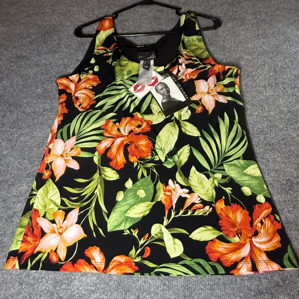 Attitudes by Renee Reversible Tank Top Womens Medium Black Tropical Floral New